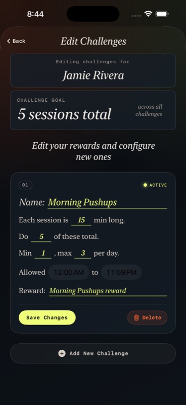 Tapout challenge editor with configurable session length, count, daily limits, time window, and freeform reward