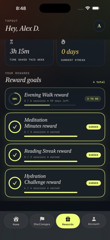 Tapout rewards screen showing earned rewards and reward goals with progress
